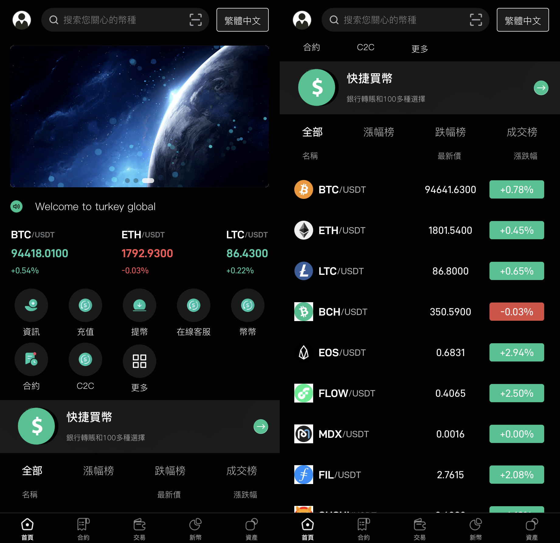 多语言交易所源码/秒合约源码/币币合约/c2c/质押投资/9国语言 页面截图